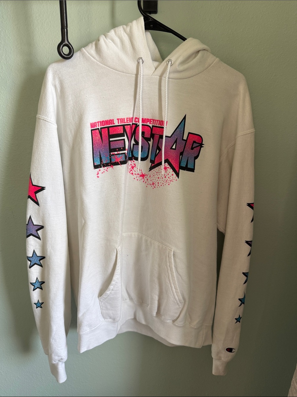 Champion Nexstar White Hooded Sweatshirt with Pink and Blue Star Graphic